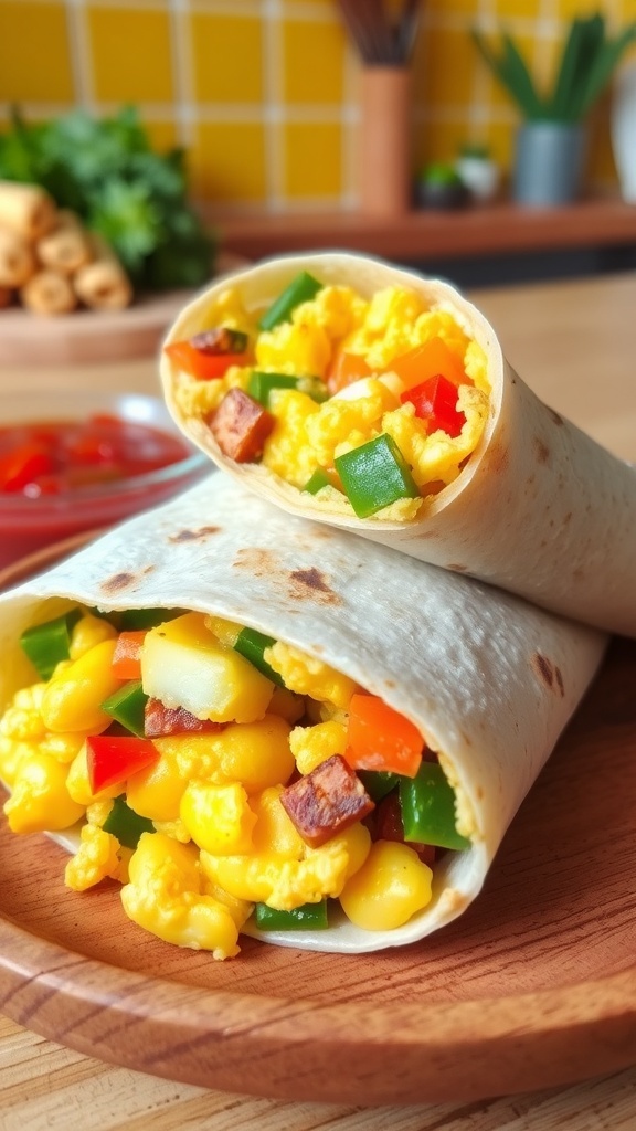 Breakfast tortilla wrap with scrambled eggs and vegetables on a wooden plate with salsa.